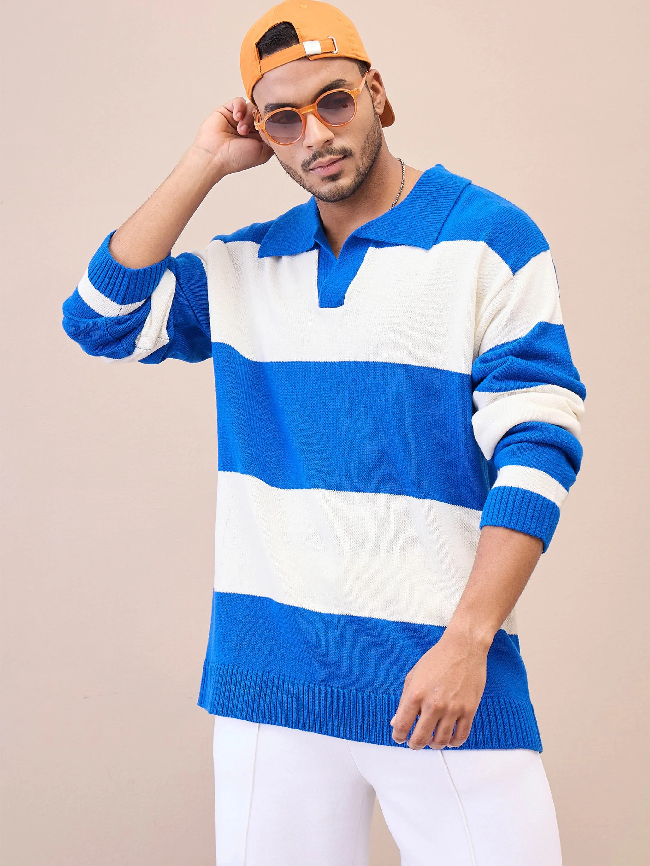 Men Unisex Blue & Off White Collar Neck Oversize Sweater