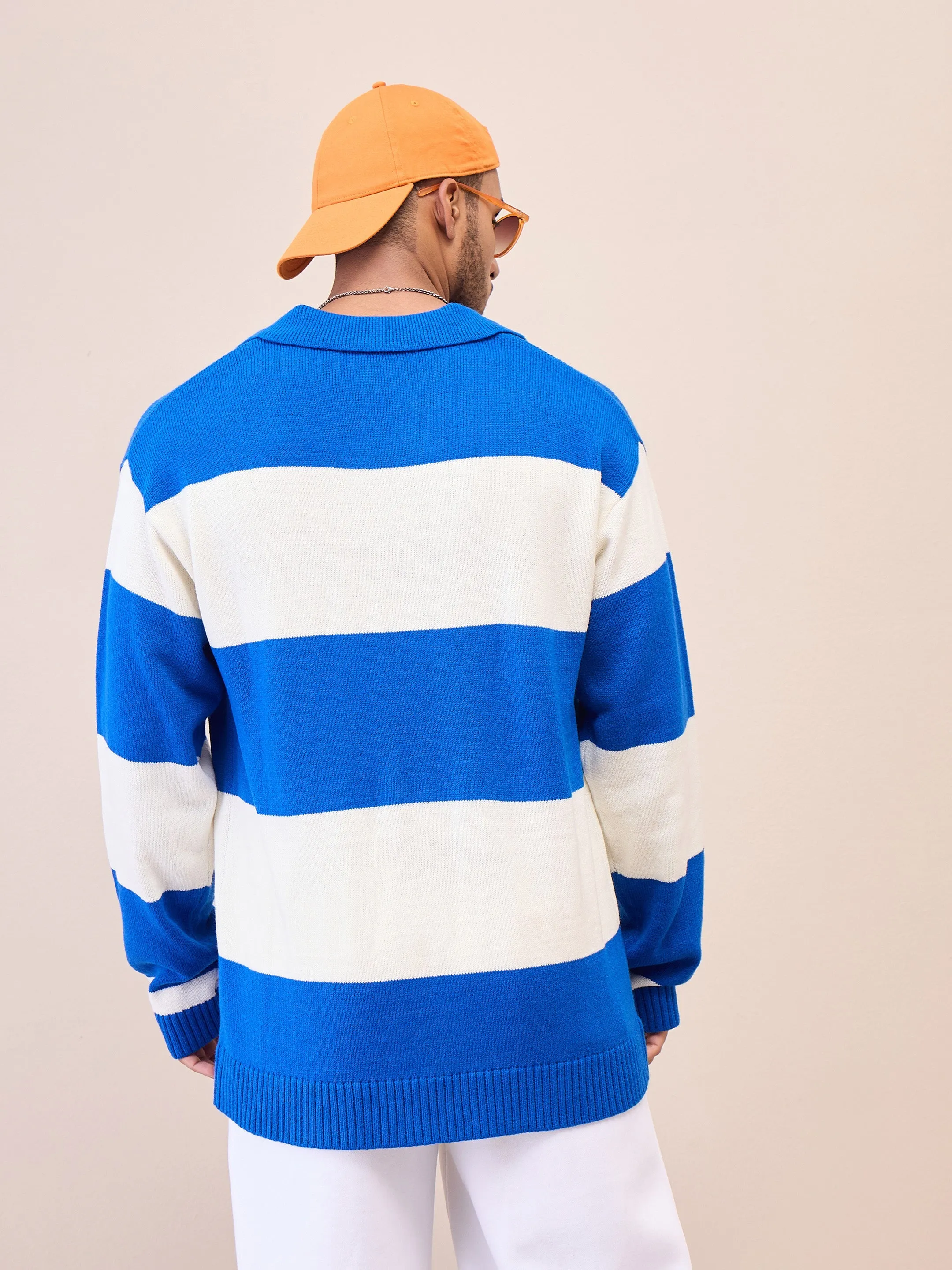 Men Unisex Blue & Off White Collar Neck Oversize Sweater