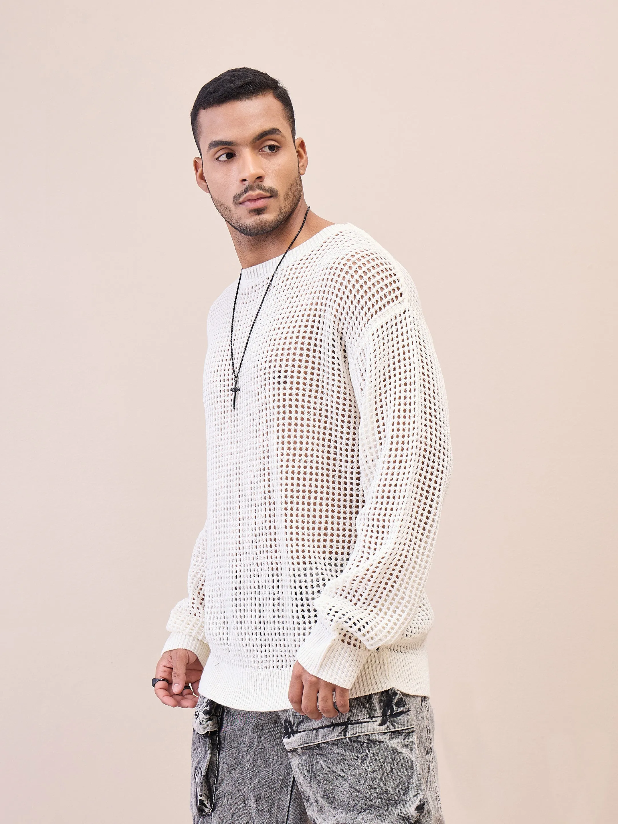 Men Unisex Off White Oversize Crochet Sweater