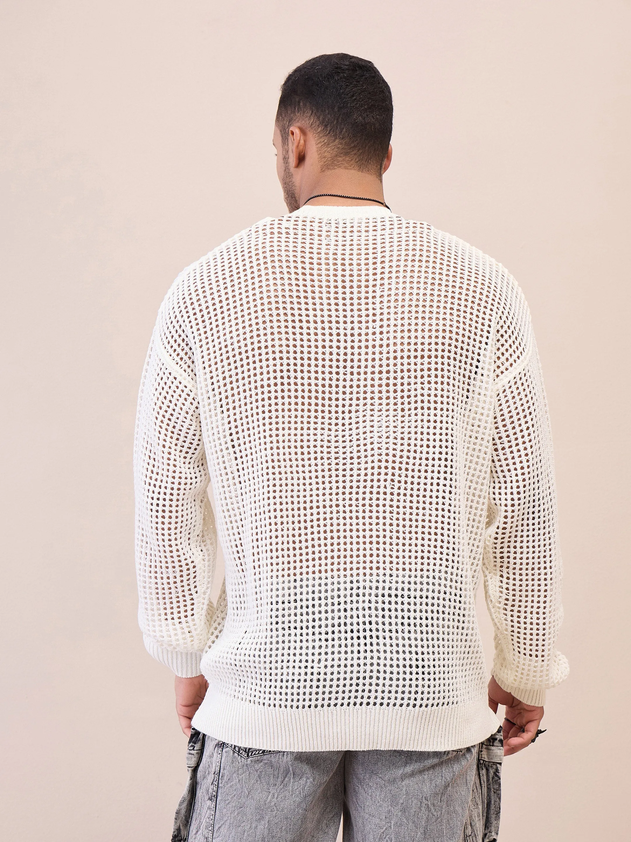 Men Unisex Off White Oversize Crochet Sweater