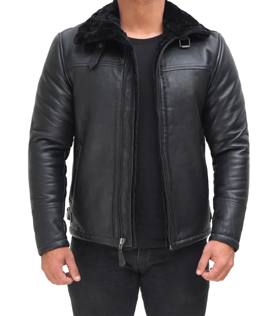 Men's Black Shearling Leather Bomber Jacket - Winter Jacket