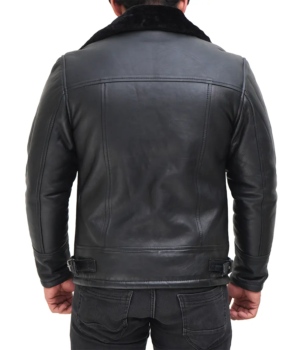 Men's Black Shearling Leather Bomber Jacket - Winter Jacket