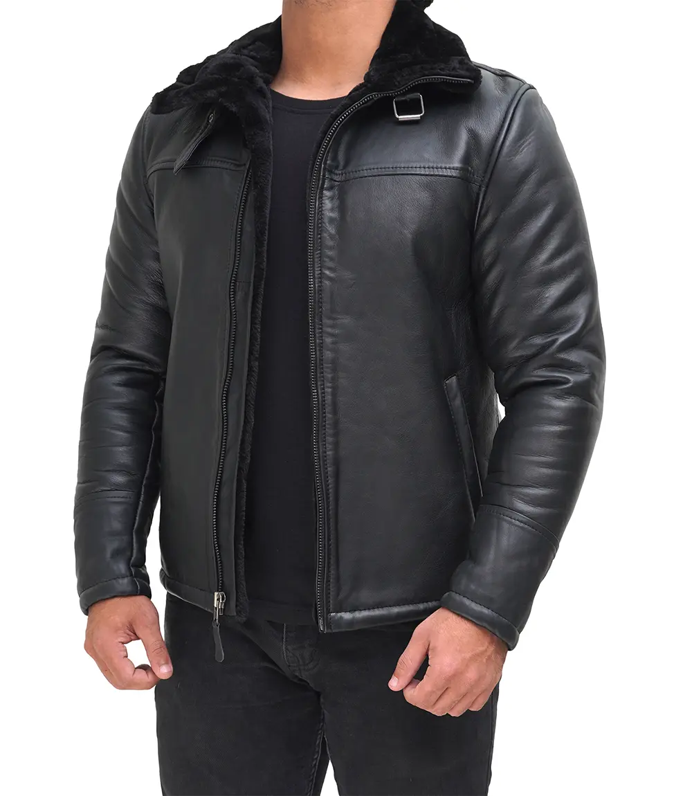 Men's Black Shearling Leather Bomber Jacket - Winter Jacket