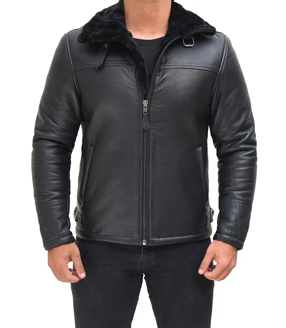 Men's Black Shearling Leather Bomber Jacket - Winter Jacket