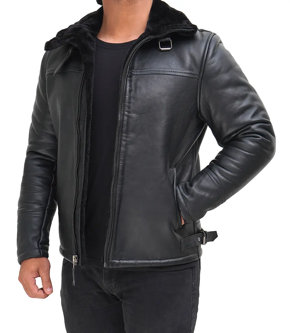 Men's Black Shearling Leather Bomber Jacket - Winter Jacket