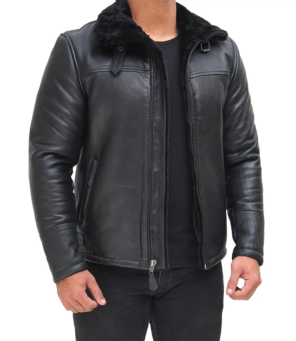 Men's Black Shearling Leather Bomber Jacket - Winter Jacket