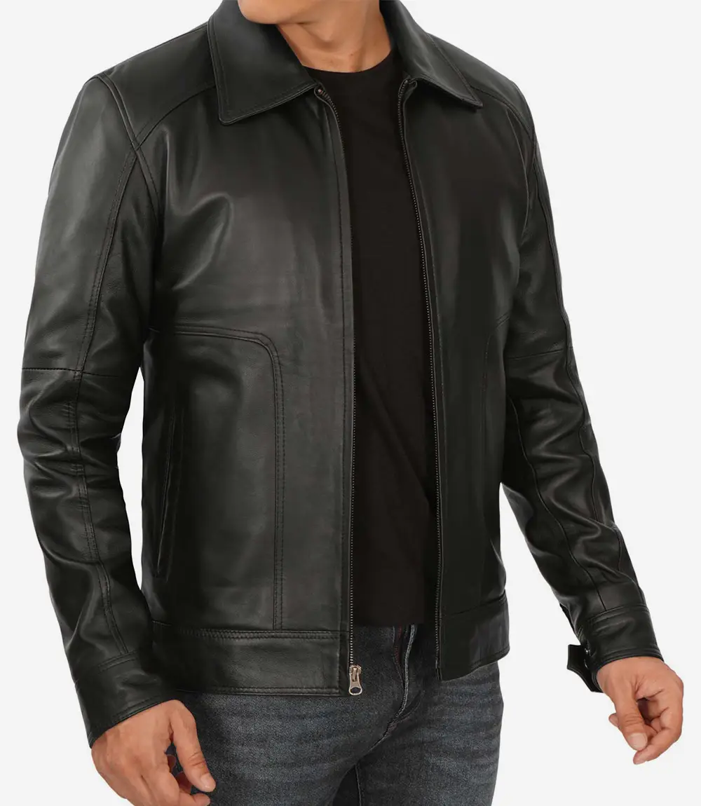 Men's Shirt Collar Classic Black Leather Jacket