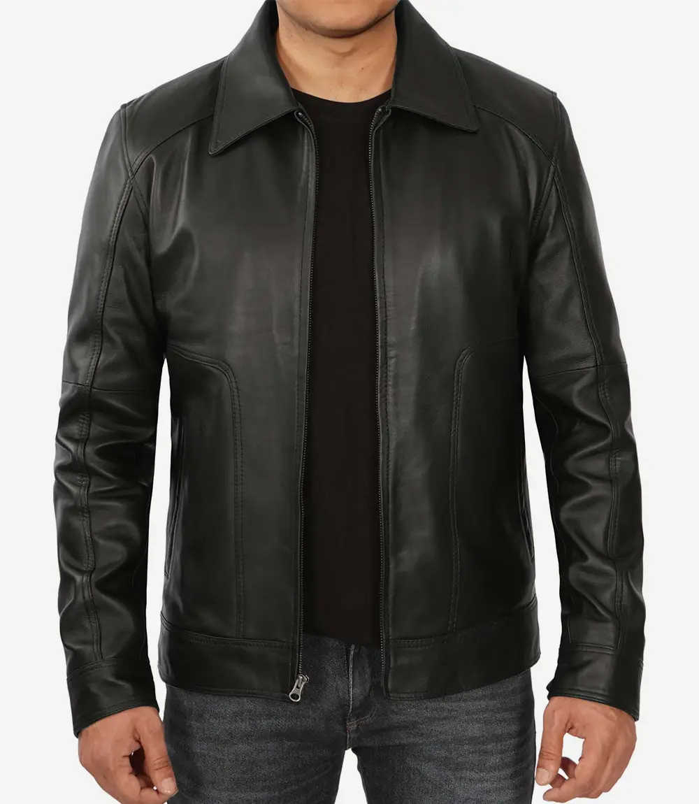 Men's Shirt Collar Classic Black Leather Jacket