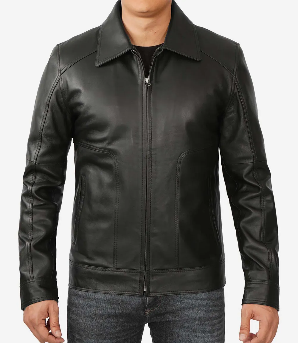 Men's Shirt Collar Classic Black Leather Jacket