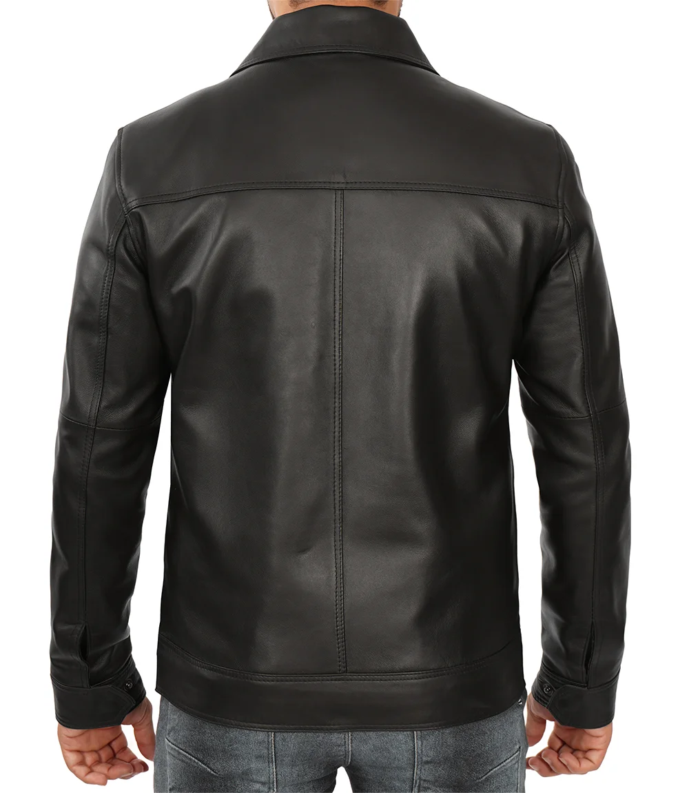 Men's Shirt Collar Classic Black Leather Jacket