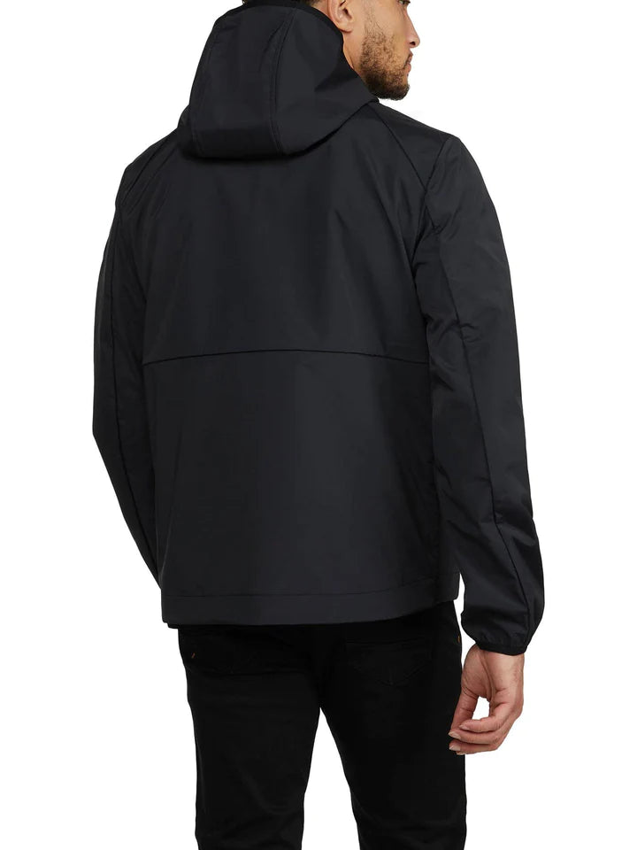 Mens Packable Rain Jacket with Fixed Hood and Shirttail Hem - Black