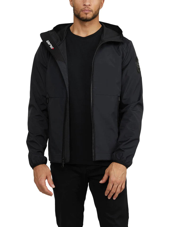 Mens Packable Rain Jacket with Fixed Hood and Shirttail Hem - Black