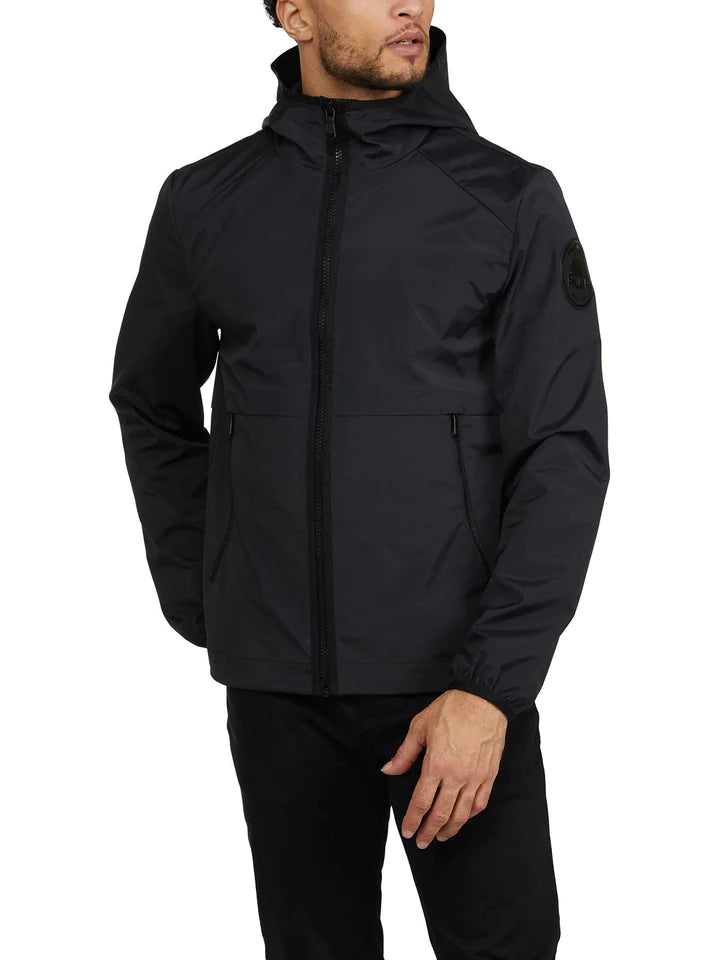 Mens Packable Rain Jacket with Fixed Hood and Shirttail Hem - Black