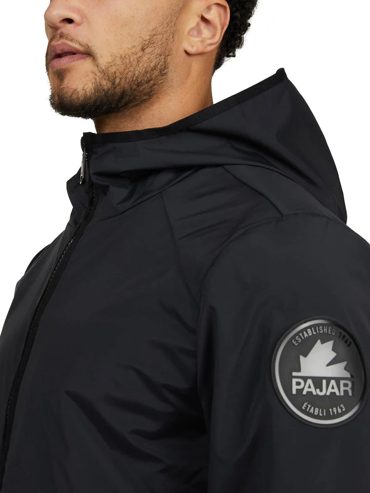 Mens Packable Rain Jacket with Fixed Hood and Shirttail Hem - Black