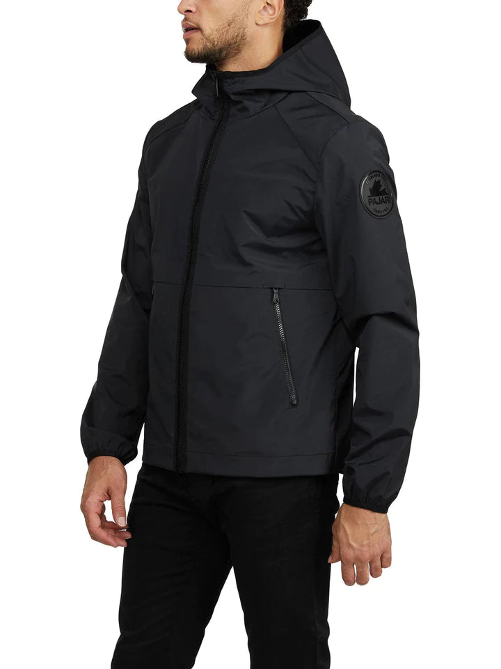 Mens Packable Rain Jacket with Fixed Hood and Shirttail Hem - Black