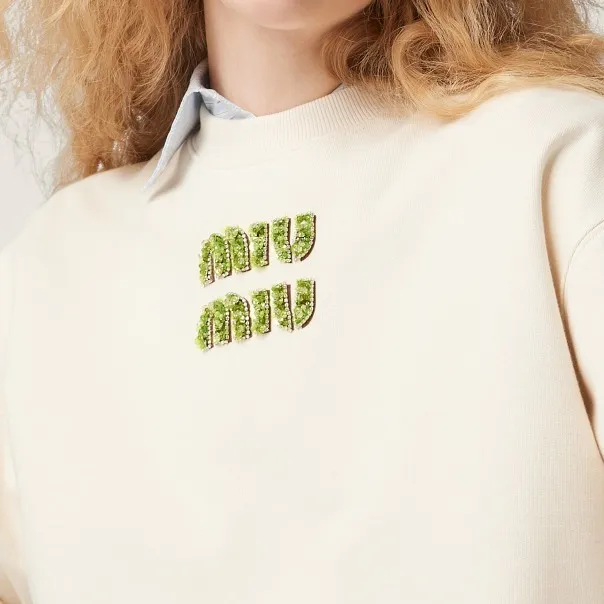 MiuMiu U-Neck Long Sleeve Cotton Logo Shirt - Street Style