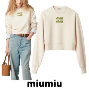 MiuMiu U-Neck Long Sleeve Cotton Logo Shirt - Street Style