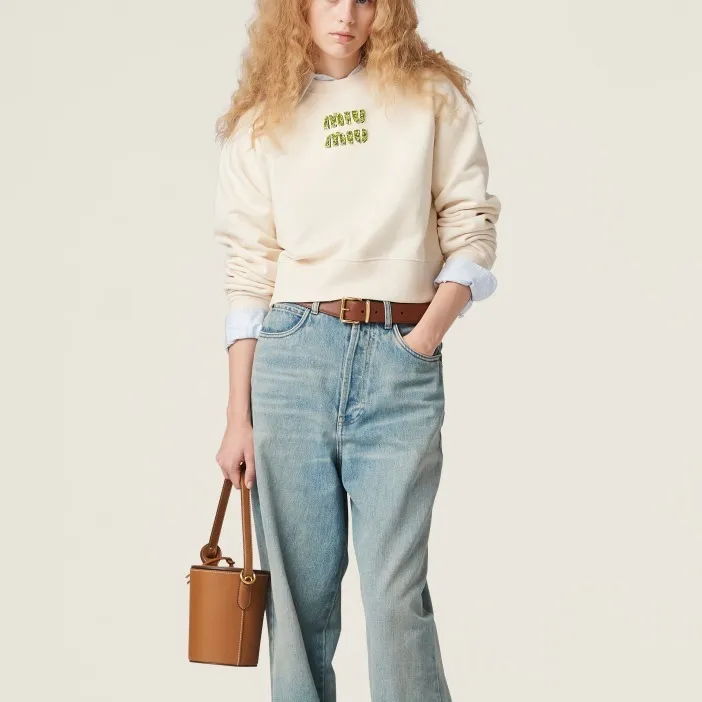 MiuMiu U-Neck Long Sleeve Cotton Logo Shirt - Street Style