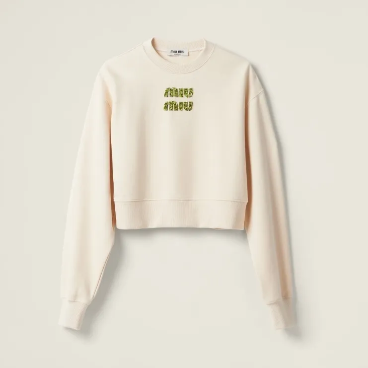 MiuMiu U-Neck Long Sleeve Cotton Logo Shirt - Street Style