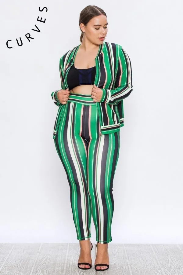 Mix Print Tracksuit Set with Vertical Stripes - Plus Size