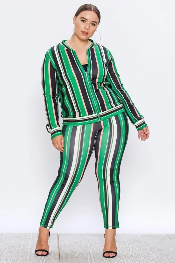 Mix Print Tracksuit Set with Vertical Stripes - Plus Size