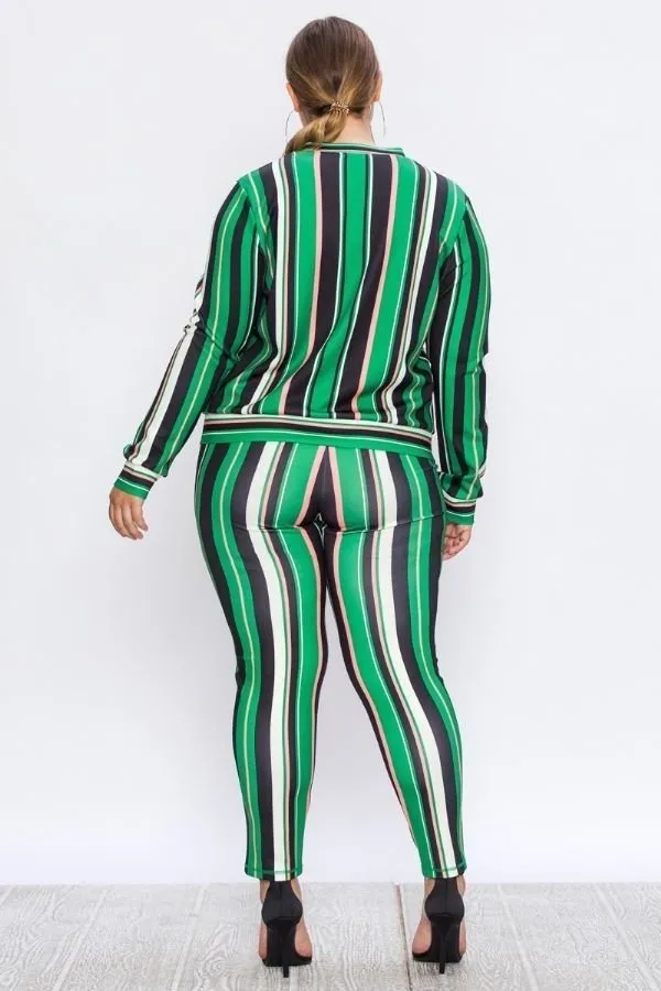 Mix Print Tracksuit Set with Vertical Stripes - Plus Size