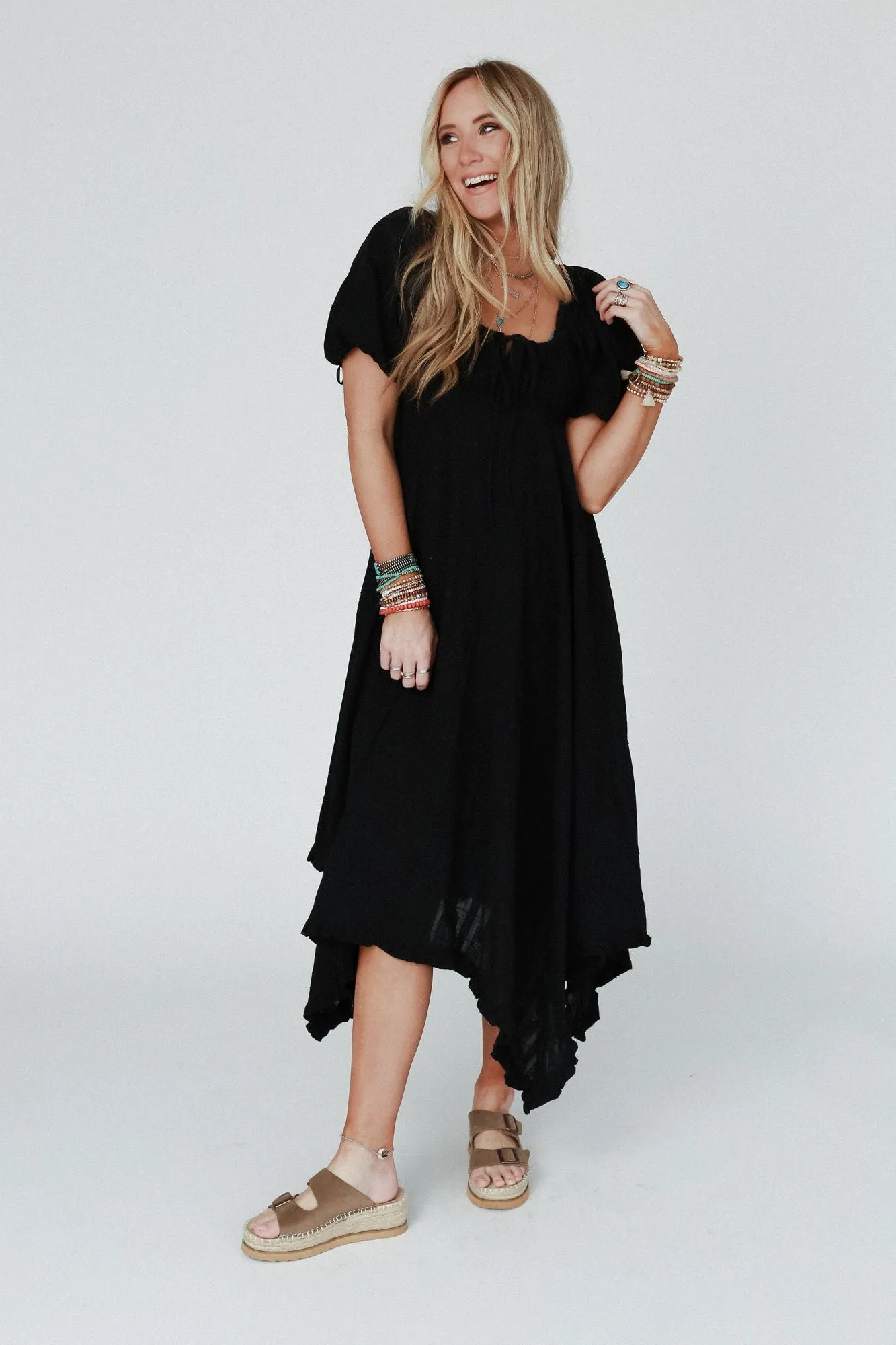 Moon City Black Textured Tie Dress