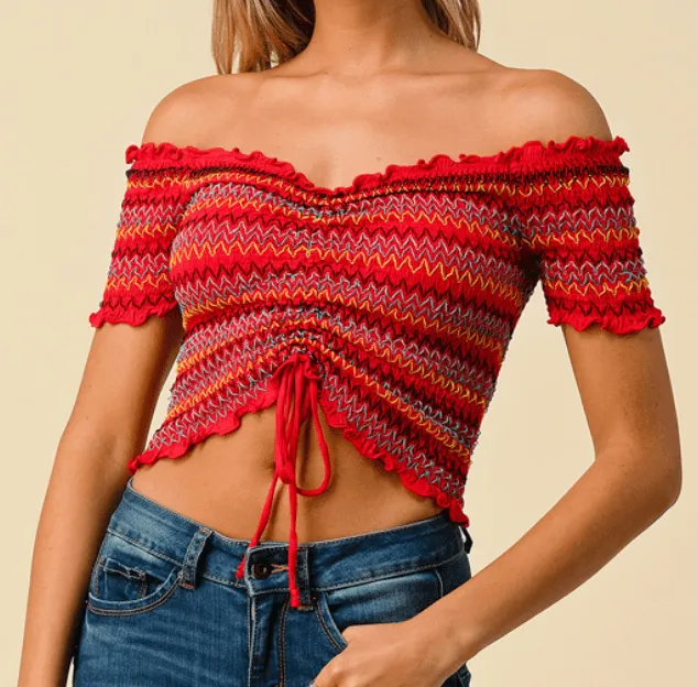 Multicolor Off Shoulder Top - Red.