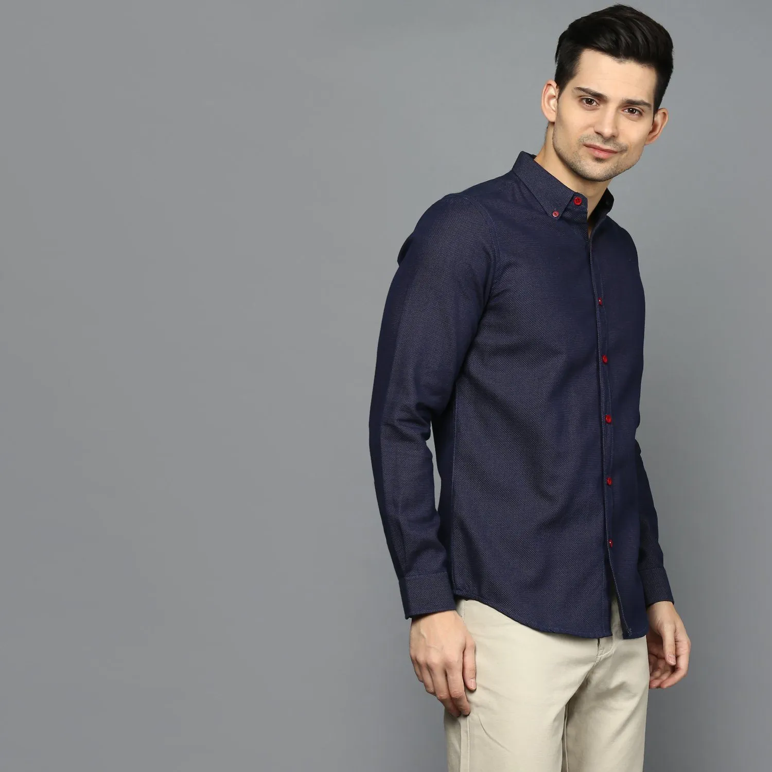 Navy Blue Chambray Button Front Shirt