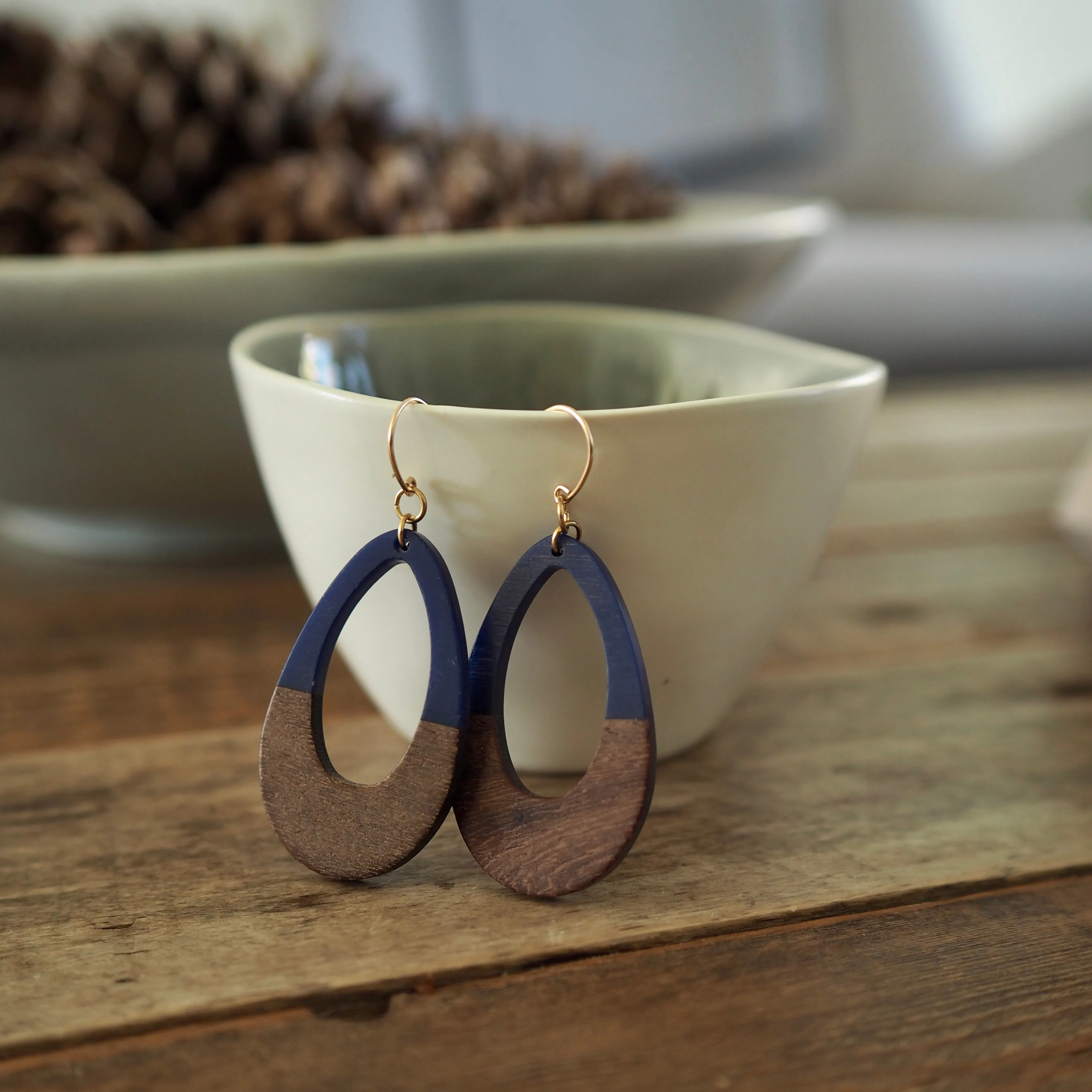 Navy Blue Teardrop Earrings with Wood Accent