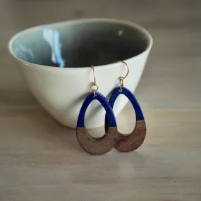 Navy Blue Teardrop Earrings with Wood Accent