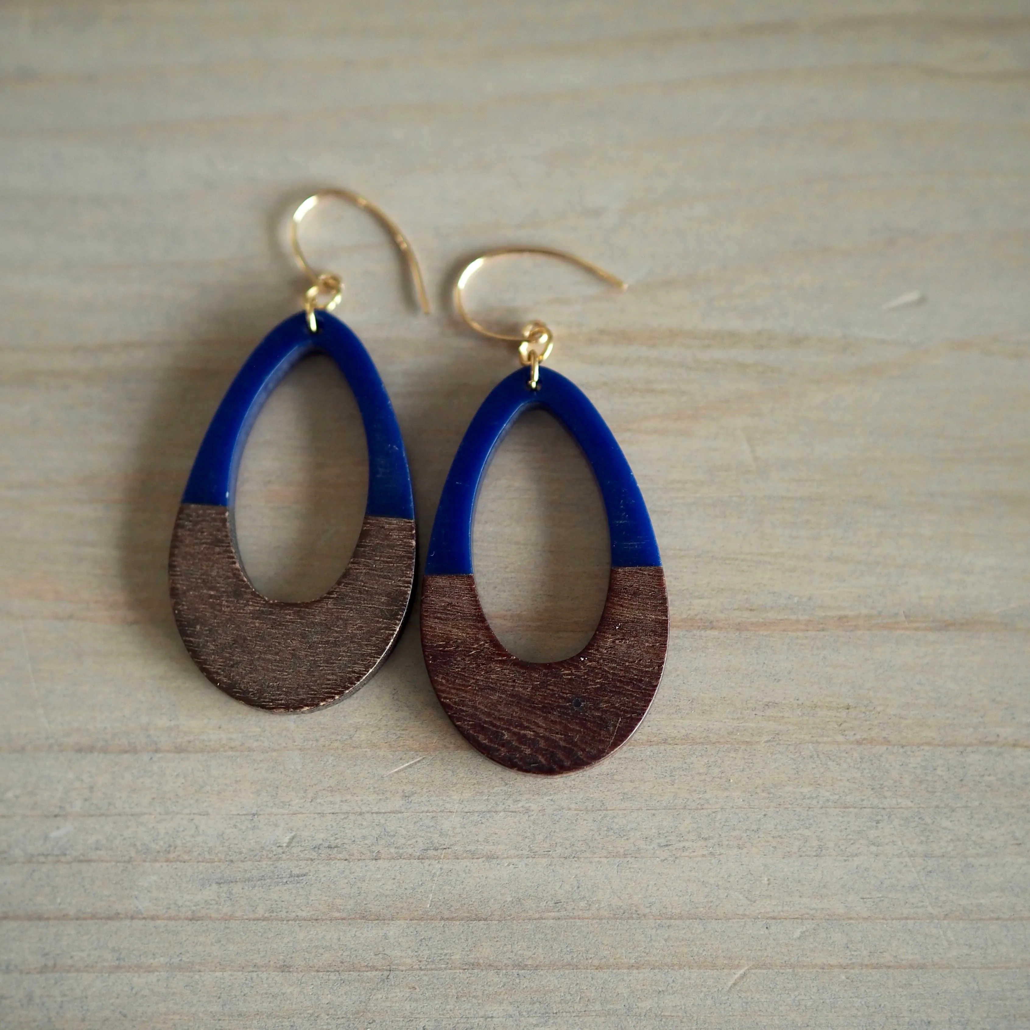 Navy Blue Teardrop Earrings with Wood Accent