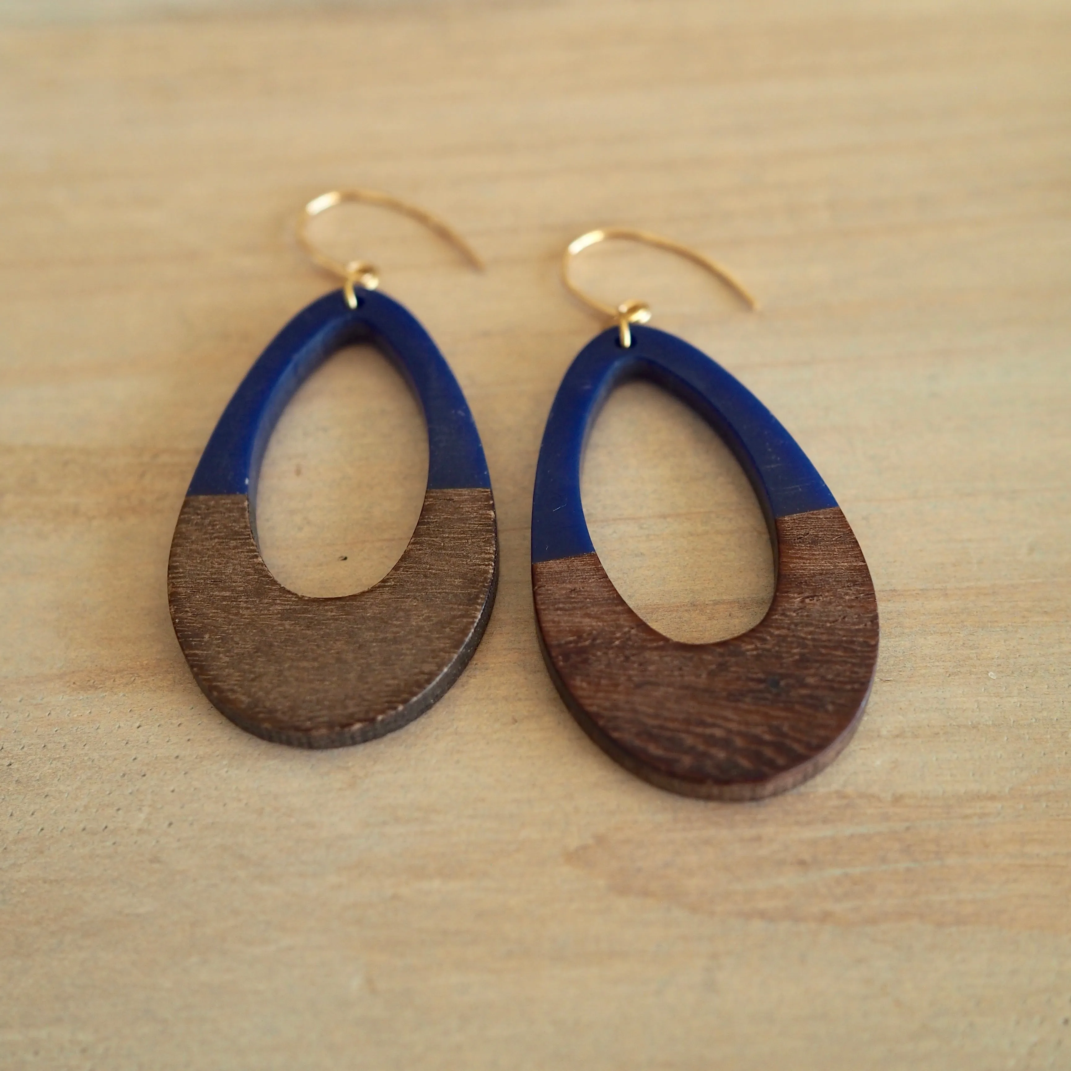 Navy Blue Teardrop Earrings with Wood Accent