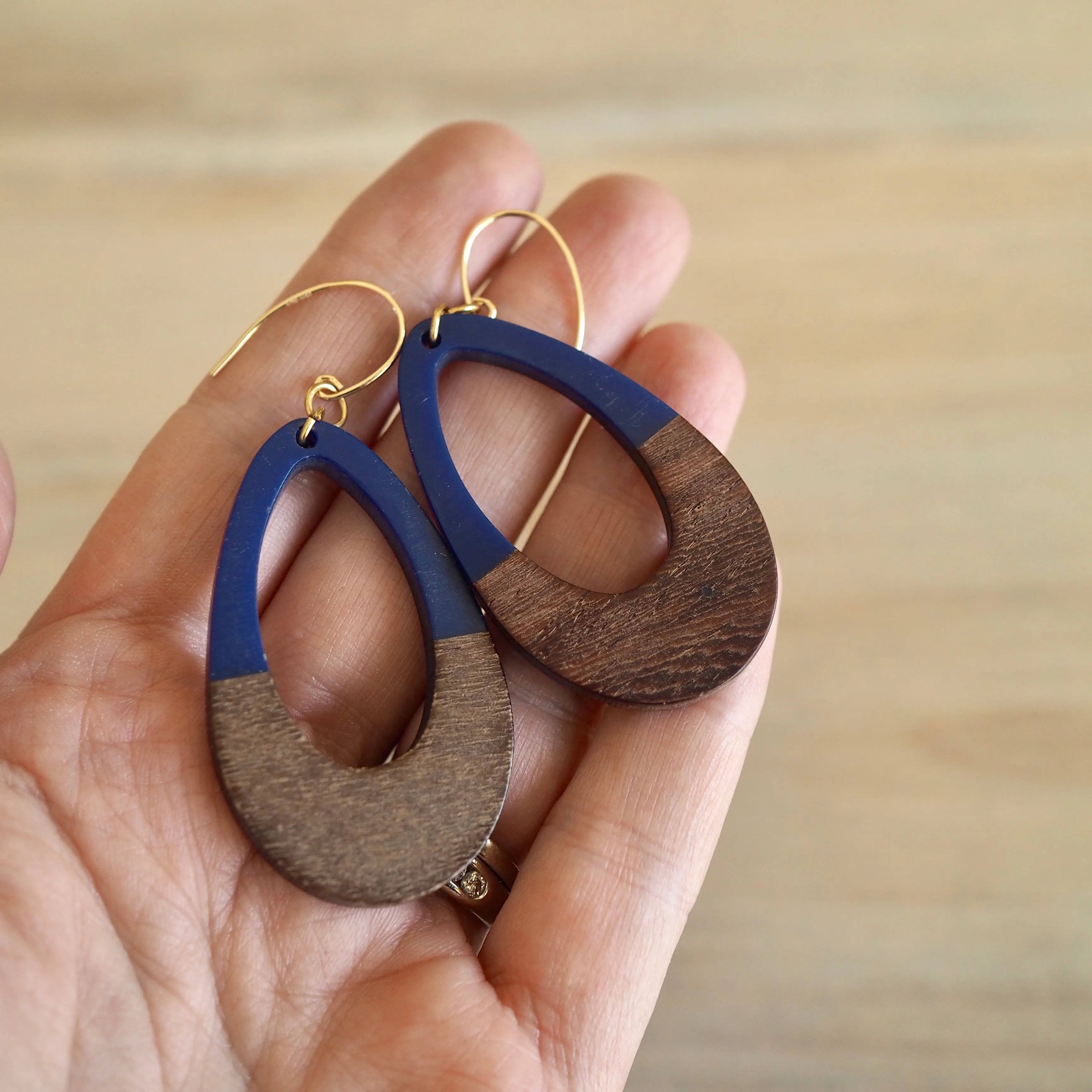 Navy Blue Teardrop Earrings with Wood Accent