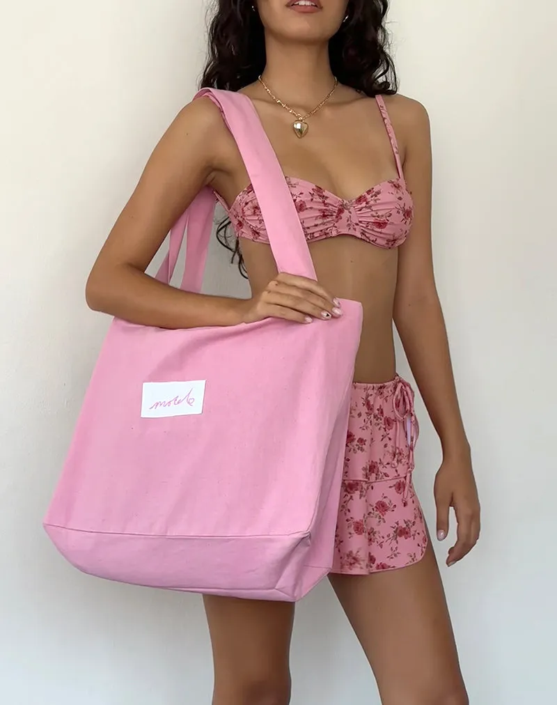 Nola Tote Bag in Flamingo Pink with Motel Love Embroidery