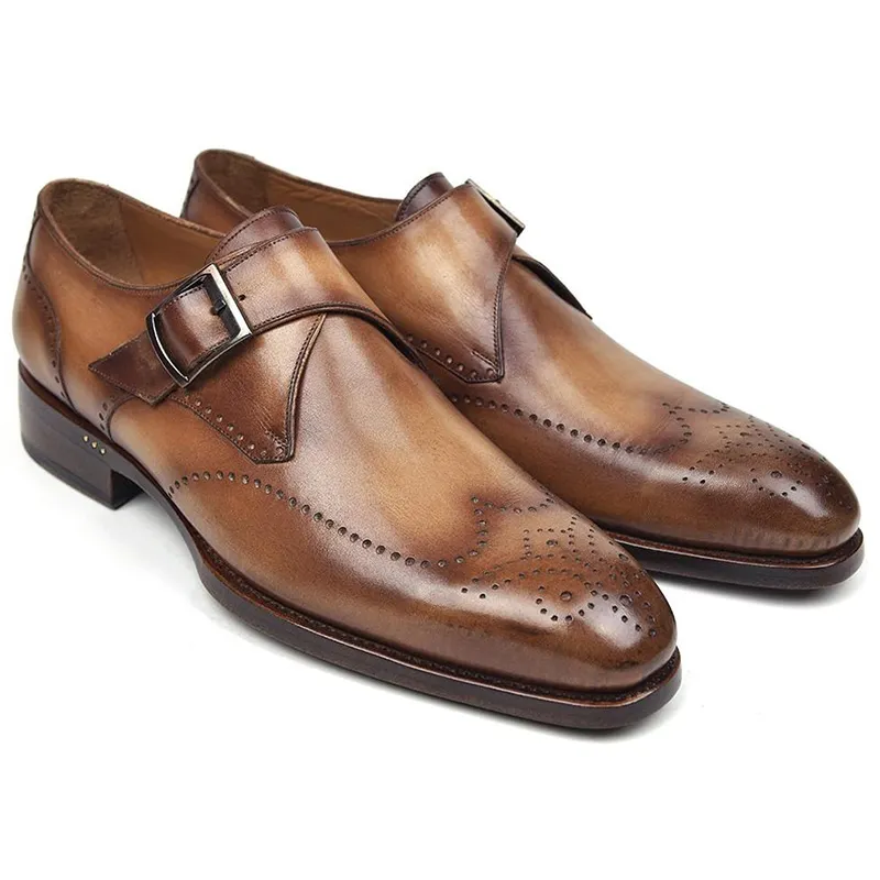 Paul Parkman Leather Single Monk Straps Wingtip Shoes Brown & Camel