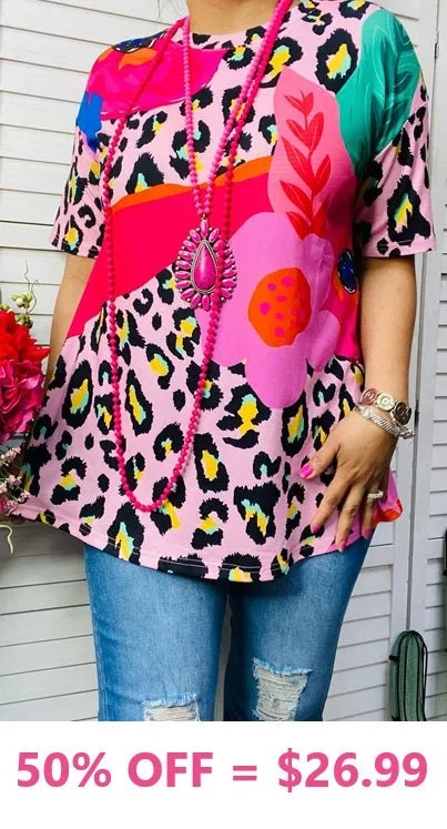 Pink Flower Leopard Short Sleeve Flutter Top