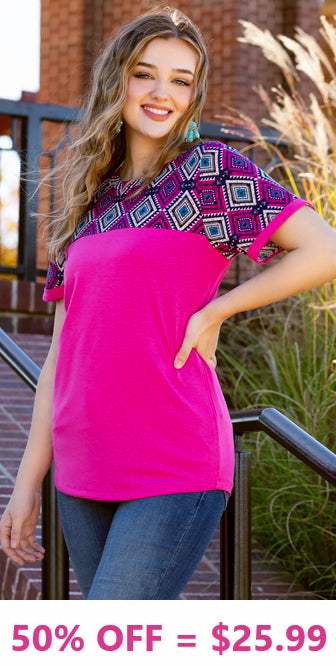 Pink top Navy blue tribal design - Result: A stylish pink top with a trendy navy blue tribal print.