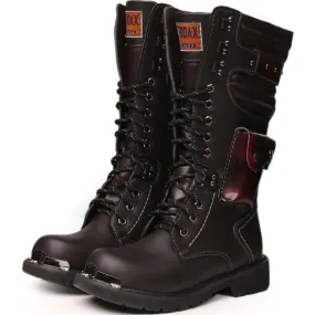 Punk Men's Genuine Leather Boots with Pocket / Lace up Motorcycle Boots / Knee-High Boots