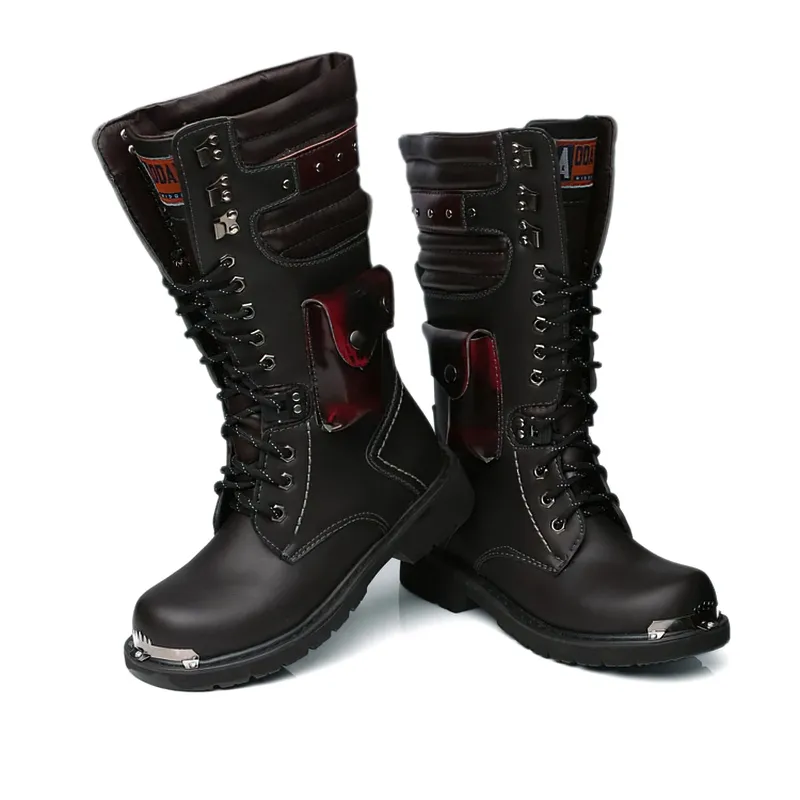 Punk Men's Genuine Leather Boots with Pocket / Lace up Motorcycle Boots / Knee-High Boots