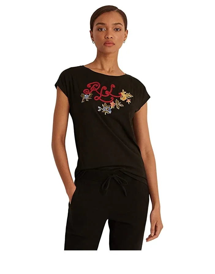 Ralph Lauren Black Embroidered Crew Neck T-Shirt for Women Size X-Large