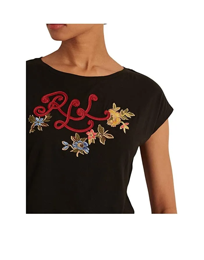 Ralph Lauren Black Embroidered Crew Neck T-Shirt for Women Size X-Large