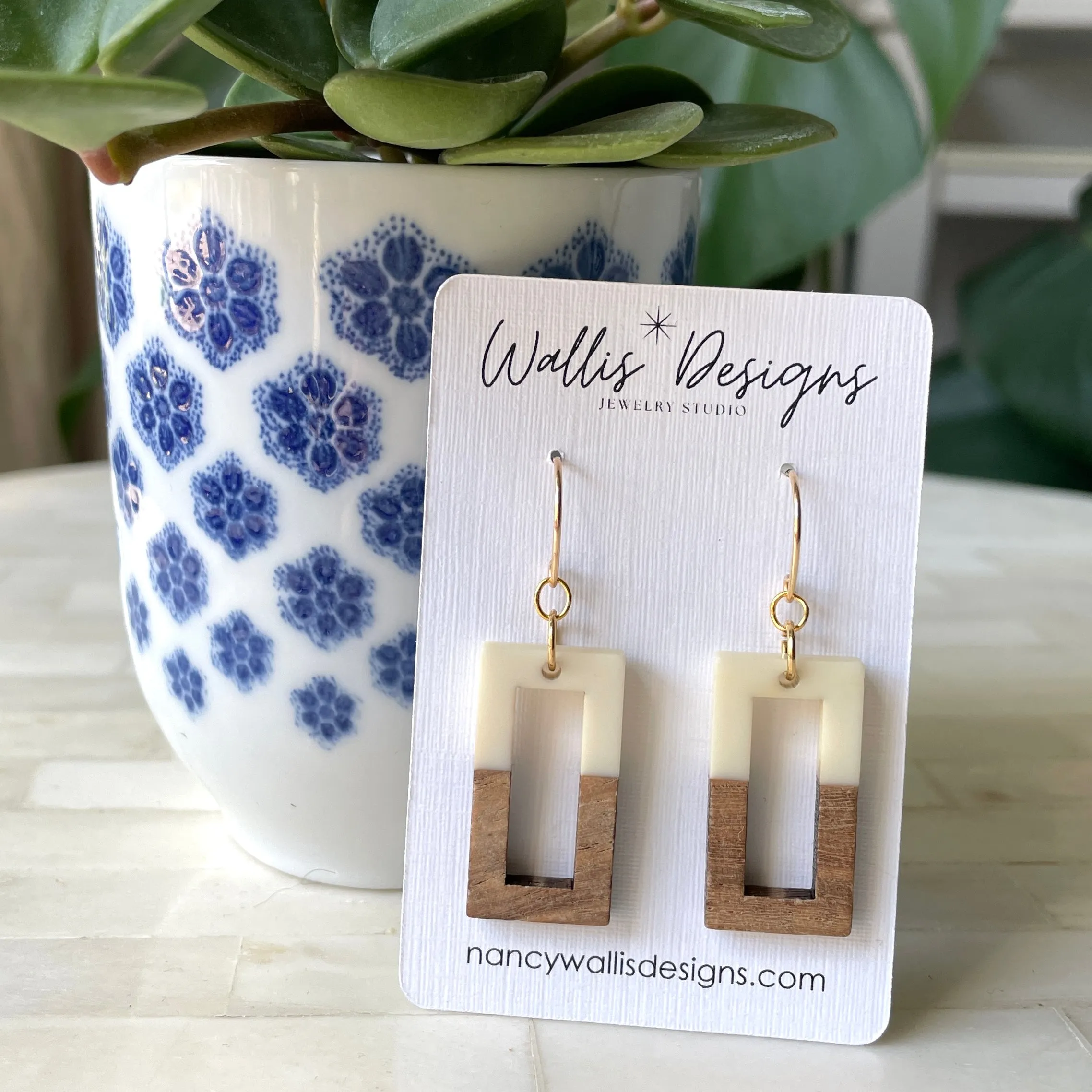 Rectangular Cream and Wood Earrings