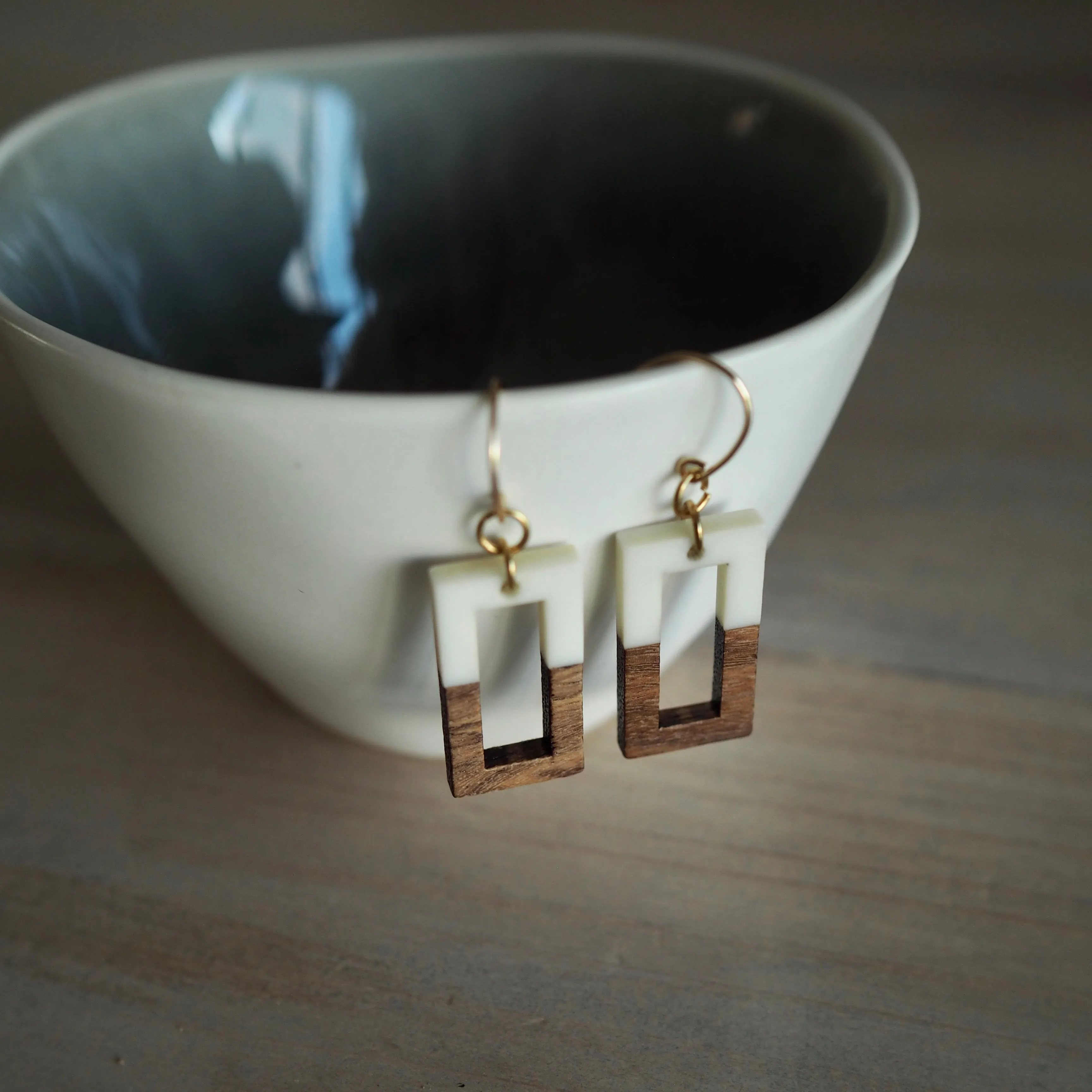 Rectangular Cream and Wood Earrings