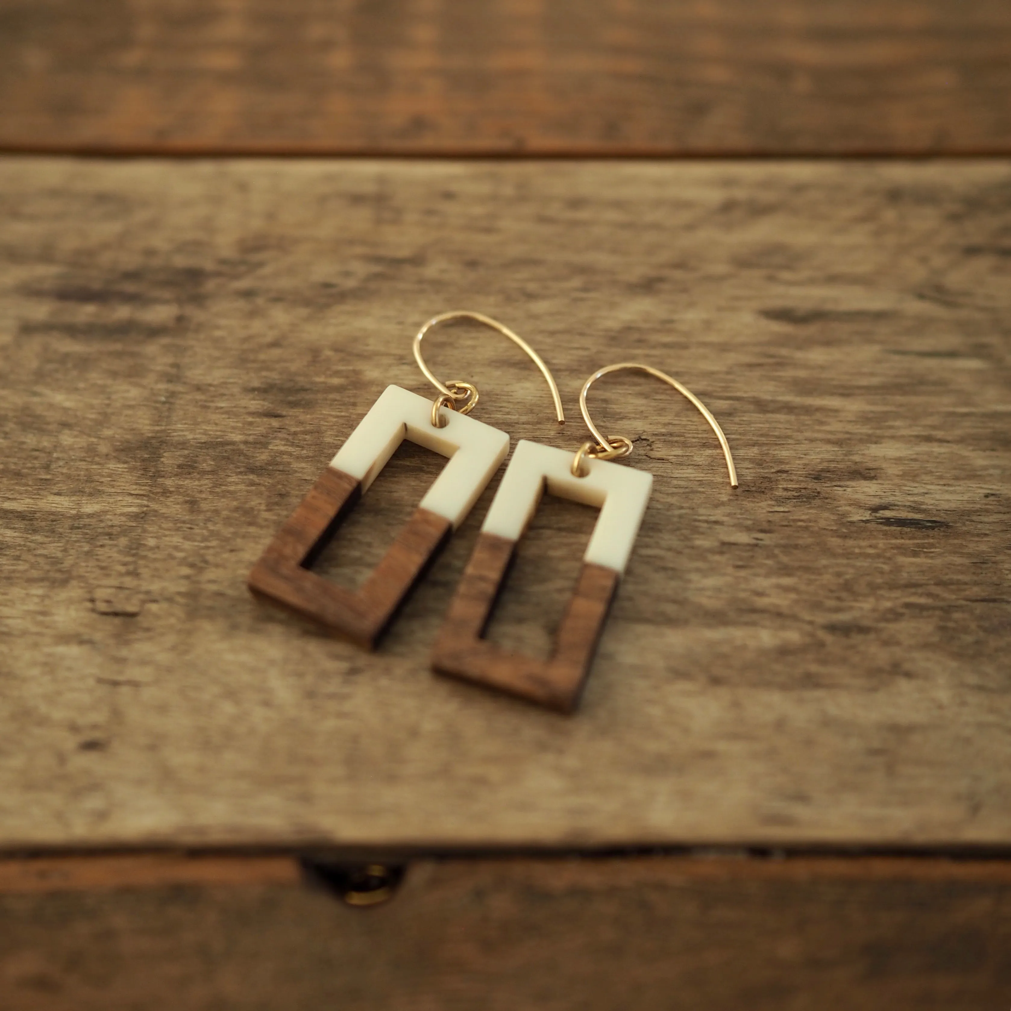 Rectangular Cream and Wood Earrings