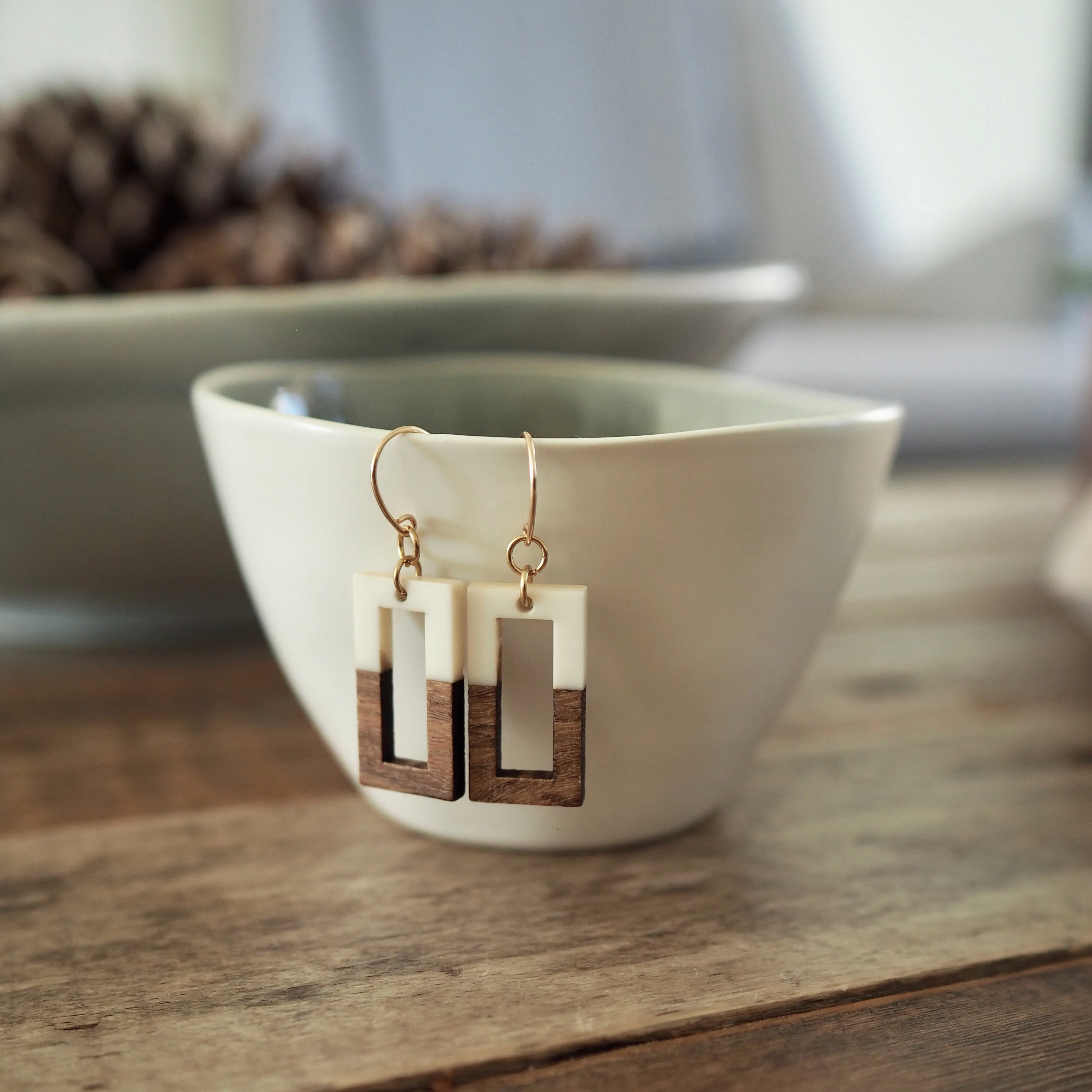 Rectangular Cream and Wood Earrings