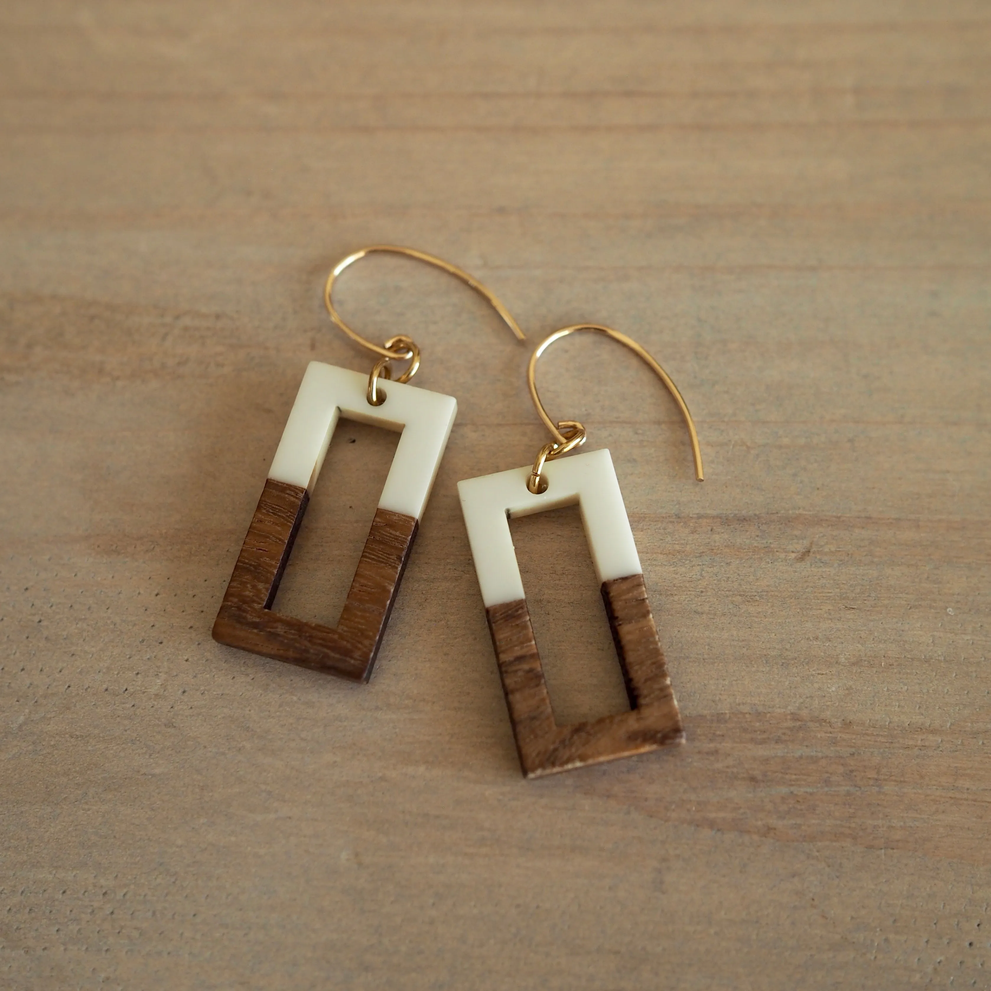 Rectangular Cream and Wood Earrings