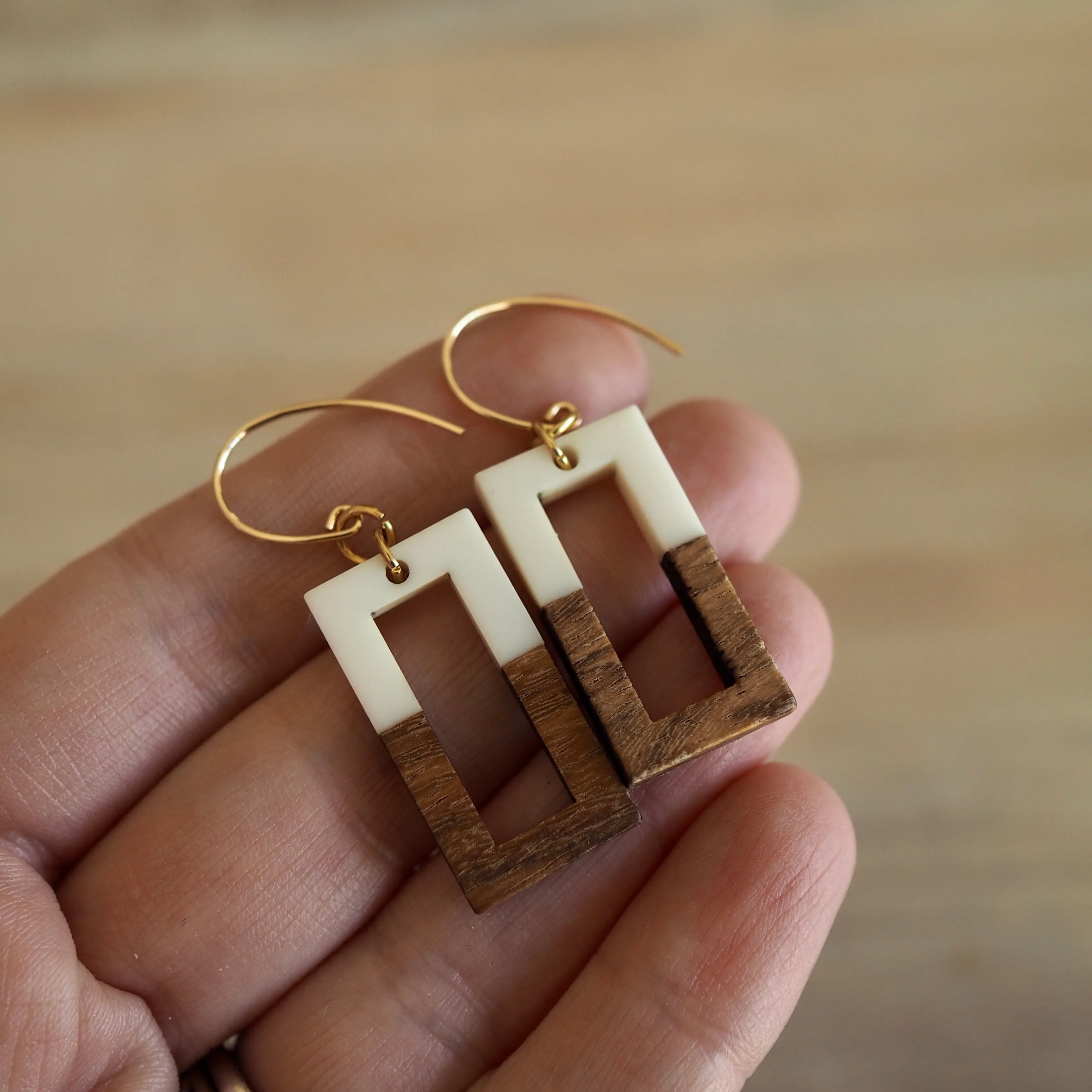 Rectangular Cream and Wood Earrings