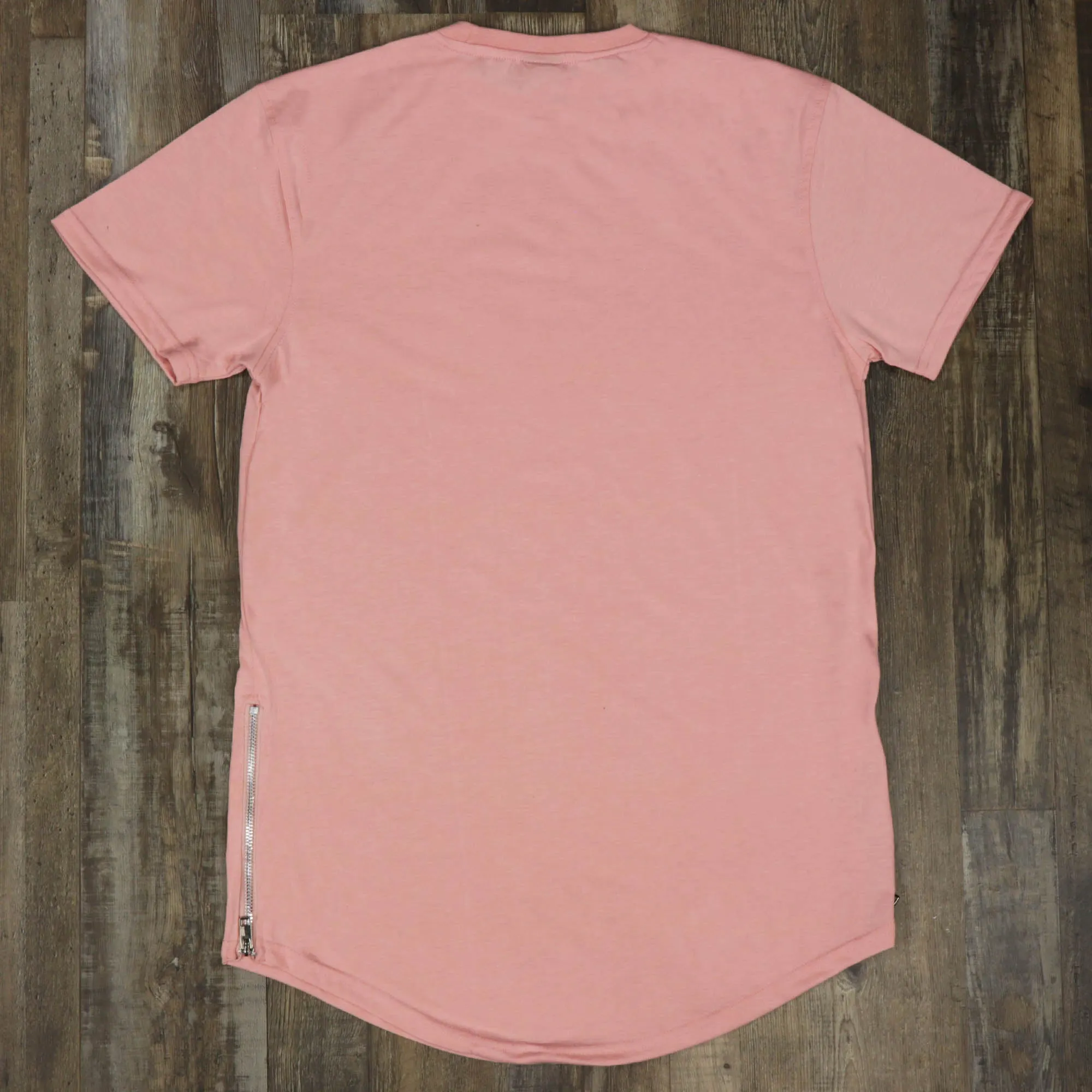 Scallop Hem Curved Bottom Long Fit Extended Men's T-Shirt with Side Zippers | Pastel Pink