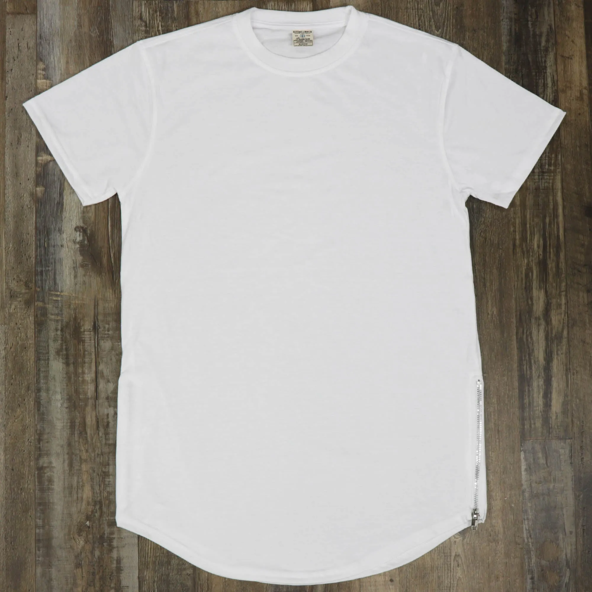 Scallop Hem Curved Bottom Long Fit Extended Men's T-Shirt with Side Zippers in White.